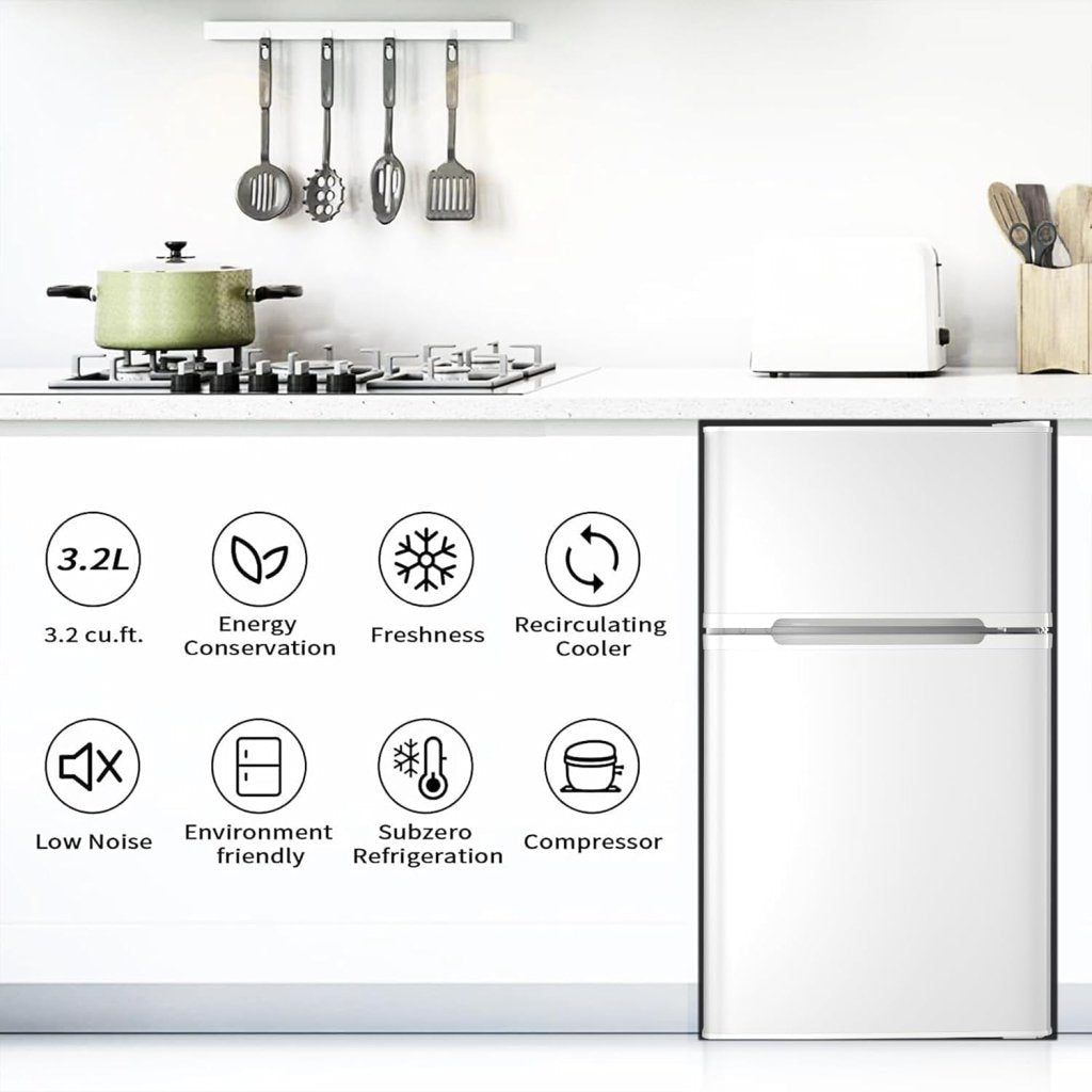 Antarctic Star Compact Mini Refrigerator Separate Freezer, Small Fridge Double 2-Door Adjustable Removable Retro Stainless Steel Shelves Living room/Kitchen/Dorm/Office 3.2 cu ft.Green wourant