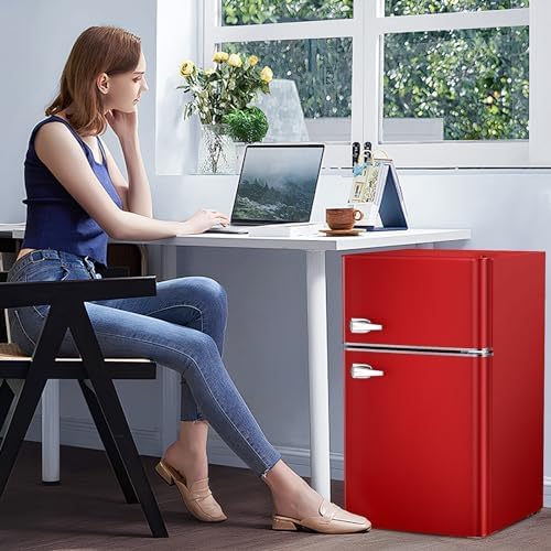 Antarctic Star Compact Mini Refrigerator Separate Freezer, Small Fridge Double 2-Door Adjustable Removable Retro Stainless Steel Shelves Living room/Kitchen/Dorm/Office 3.2 cu ft.Green wourant