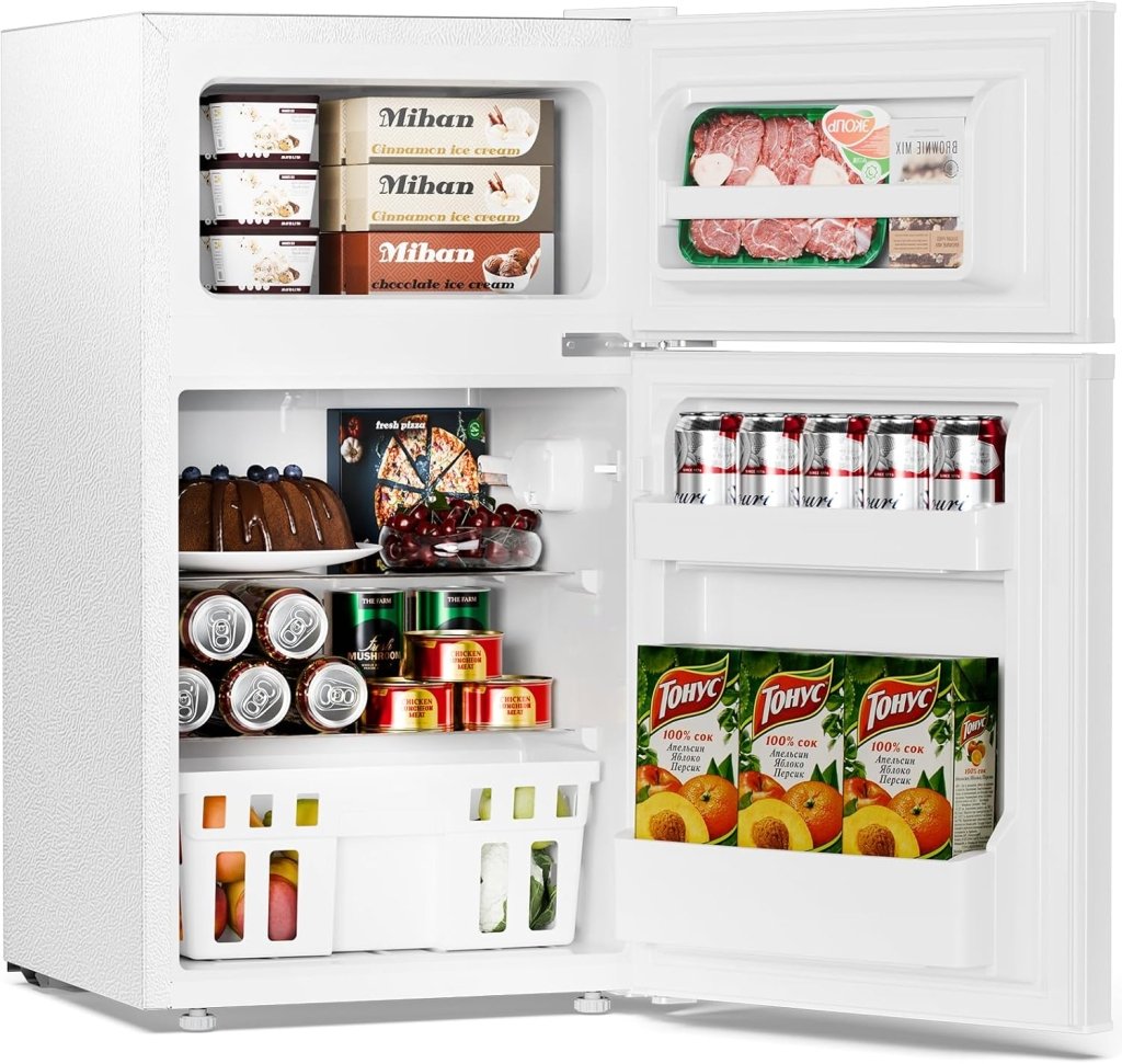 Antarctic Star Compact Mini Refrigerator Separate Freezer, Small Fridge Double 2-Door Adjustable Removable Retro Stainless Steel Shelves Living room/Kitchen/Dorm/Office 3.2 cu ft.Green wourant