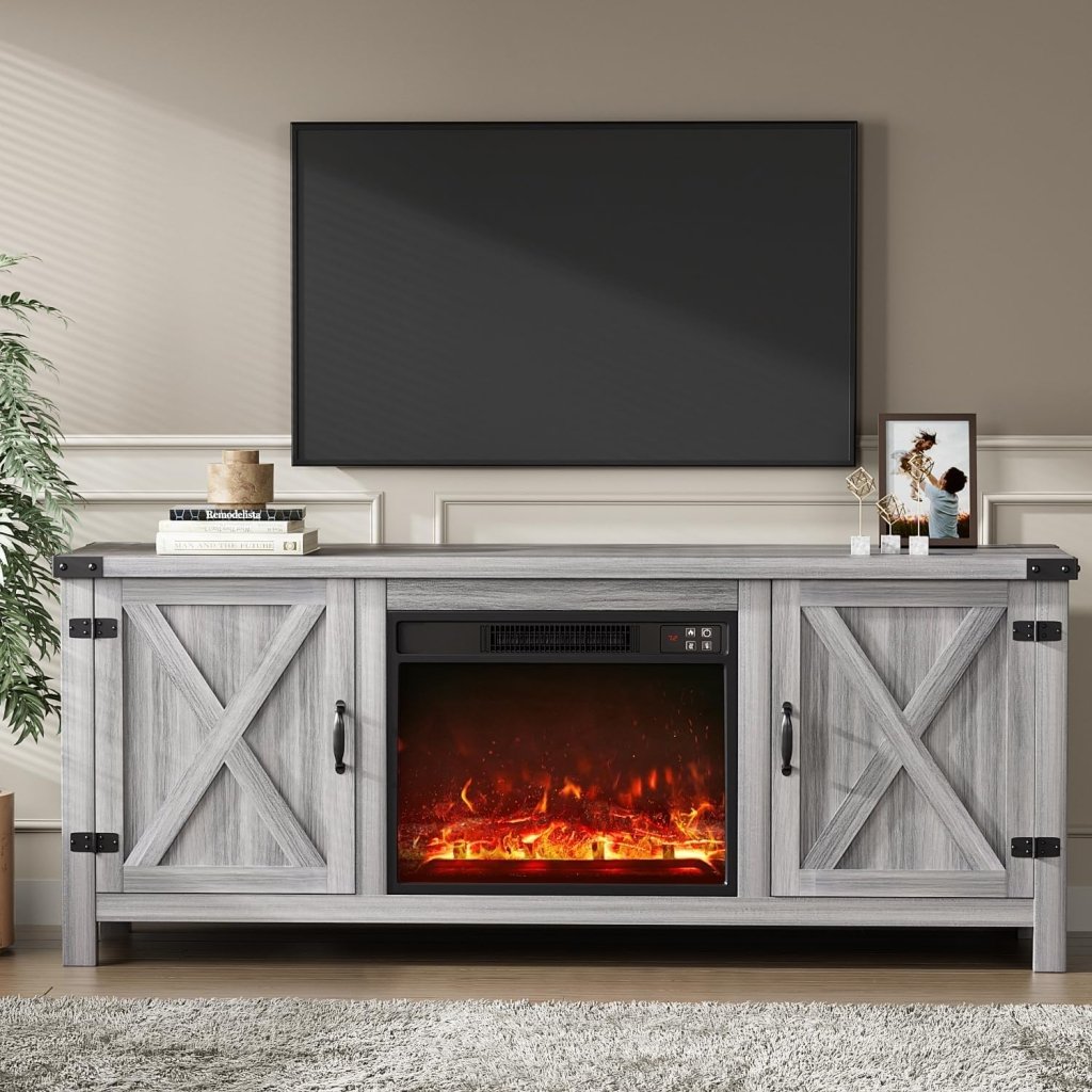 YESHOMY Fireplace TV Stand with Two Barn Doors and Storage Cabinets for Televisions up to 65+ Inch, Entertainment Center Console Table, Media Furniture for Living Room, 58 Inch wourant